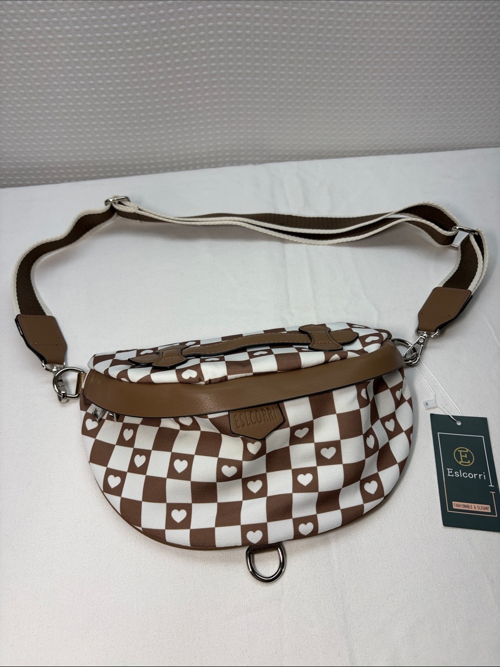 Brown & White Checkered Heart Crossbody Belt Bag